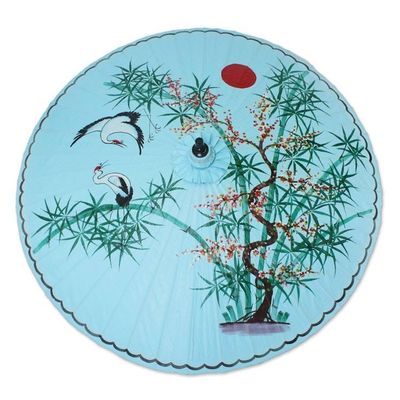 Alternate image for Crane-Themed Cotton and Bamboo Parasol in Cerulean Play With Friends