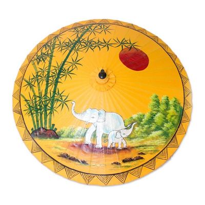 Alternate image for Elephant-Themed Cotton and Bamboo Parasol in Goldenrod Joyful Dance