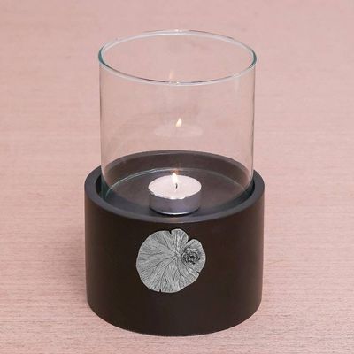 Alternate image for Lotus Motif Wood and Pewter Tealight Holder Elegant Lotus