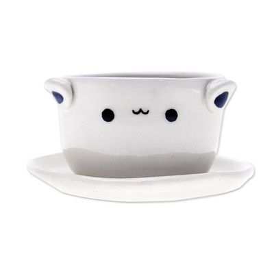 Alternate image for Cat-Themed Ceramic Mini Flower Pot with Saucer in Ivory Kitty Charm