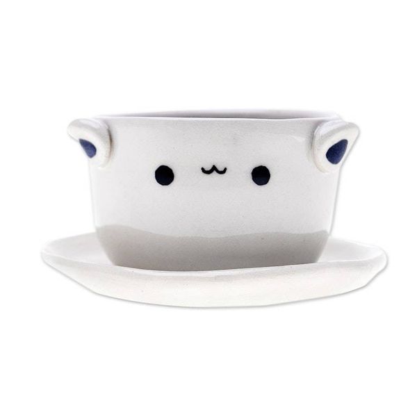 Alternate image for Cat-Themed Ceramic Mini Flower Pot with Saucer in Ivory Kitty Charm