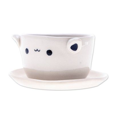 Alternate image for Cat-Themed Ceramic Mini Flower Pot with Saucer in Ivory Kitty Charm