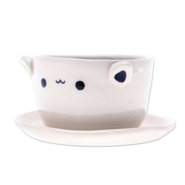 Alternate image for Cat-Themed Ceramic Mini Flower Pot with Saucer in Ivory Kitty Charm