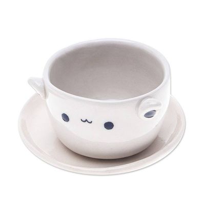 Alternate image for Cat-Themed Ceramic Mini Flower Pot with Saucer in Ivory Kitty Charm
