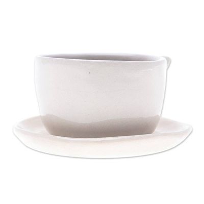 Alternate image for Cat-Themed Ceramic Mini Flower Pot with Saucer in Ivory Kitty Charm