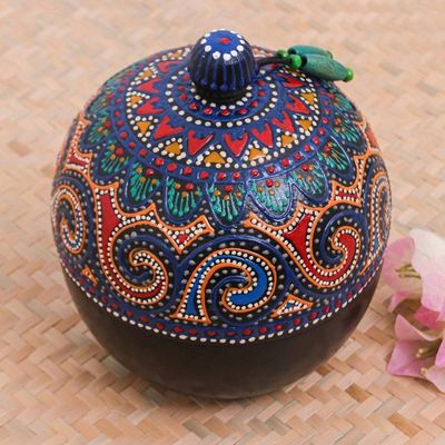 Primary image for Hand-Painted Blue Mango Wood Decorative Box from Thailand Floral Circle in Blue