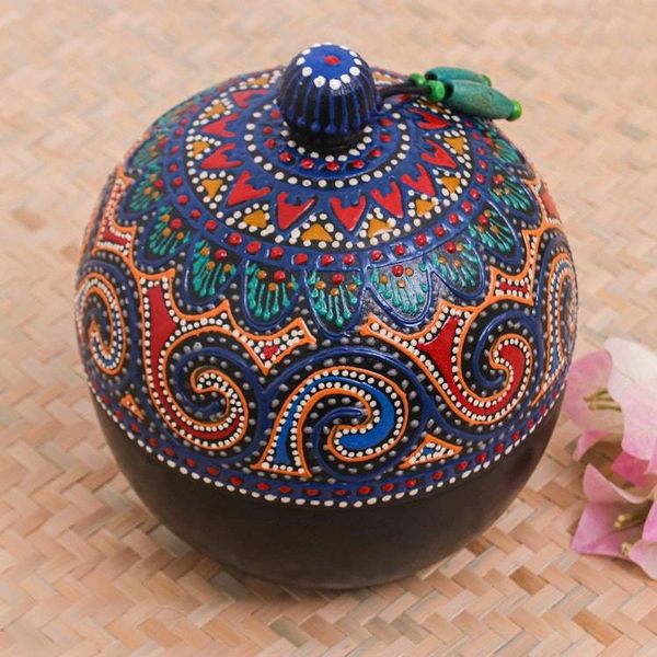 Alternate image for Hand-Painted Blue Mango Wood Decorative Box from Thailand Floral Circle in Blue