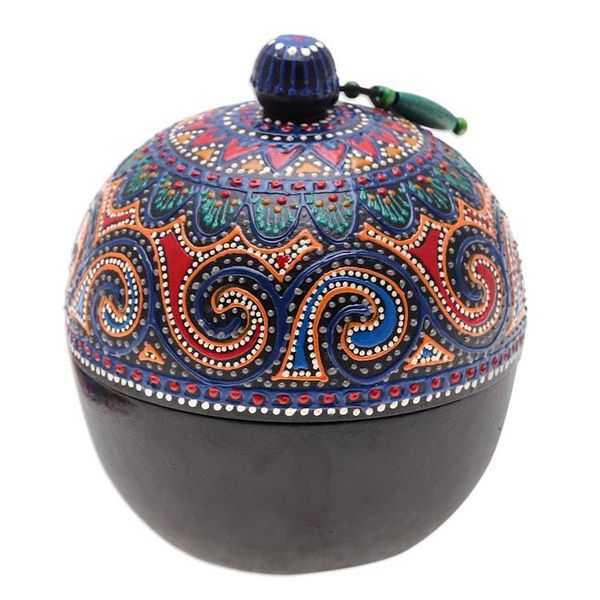 Alternate image for Hand-Painted Blue Mango Wood Decorative Box from Thailand Floral Circle in Blue
