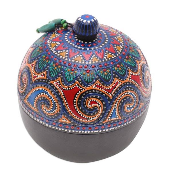 Alternate image for Hand-Painted Blue Mango Wood Decorative Box from Thailand Floral Circle in Blue