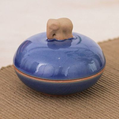 Alternate image for Blue Handmade Celadon Ceramic Elephant-Themed Decorative Jar Elephant Radiance
