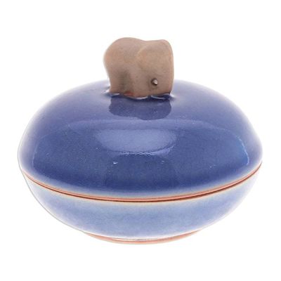 Alternate image for Blue Handmade Celadon Ceramic Elephant-Themed Decorative Jar Elephant Radiance