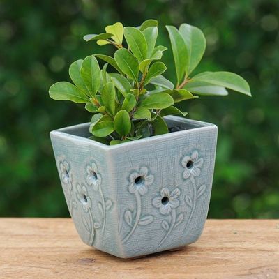 Main image for Celadon Ceramic Mini Planter with Floral Motif in Blue Blue Little Garden