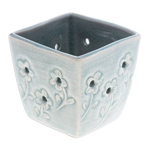 Alternate image for Celadon Ceramic Mini Planter with Floral Motif in Blue Blue Little Garden