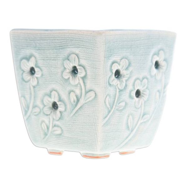Alternate image for Celadon Ceramic Mini Planter with Floral Motif in Blue Blue Little Garden