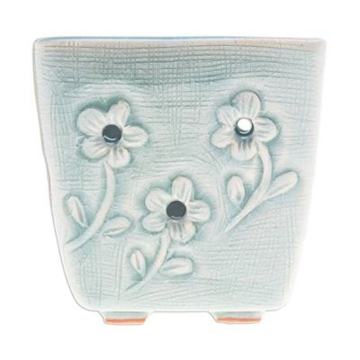 Alternate image for Celadon Ceramic Mini Planter with Floral Motif in Blue Blue Little Garden