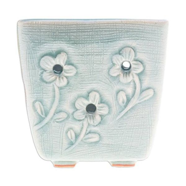 Alternate image for Celadon Ceramic Mini Planter with Floral Motif in Blue Blue Little Garden