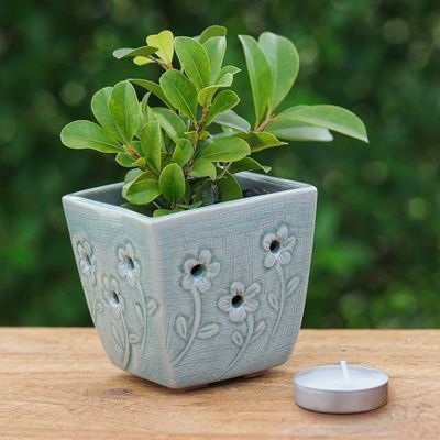 Alternate image for Celadon Ceramic Mini Planter with Floral Motif in Blue Blue Little Garden