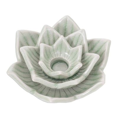 Alternate image for Celadon Ceramic Green Candle Holder Handmade in Thailand Lotus Flower in Green