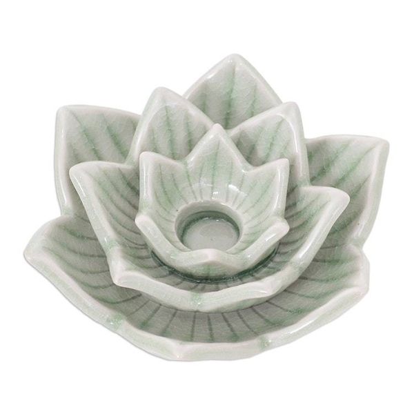 Alternate image for Celadon Ceramic Green Candle Holder Handmade in Thailand Lotus Flower in Green
