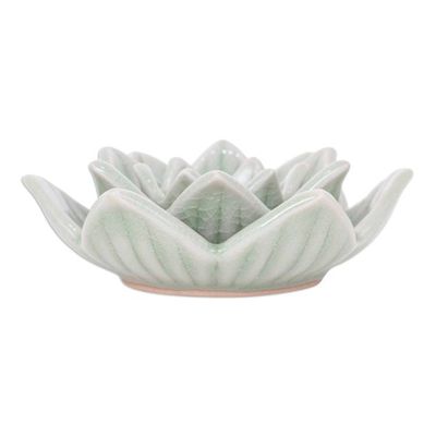 Alternate image for Celadon Ceramic Green Candle Holder Handmade in Thailand Lotus Flower in Green