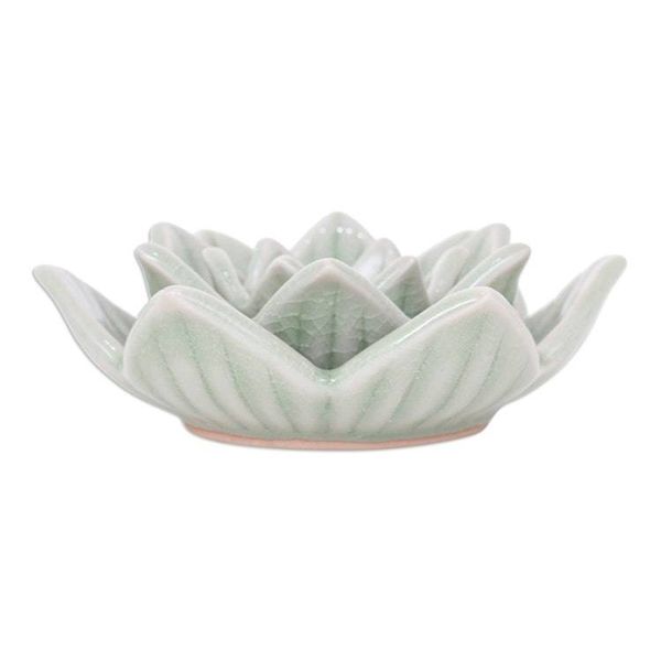 Alternate image for Celadon Ceramic Green Candle Holder Handmade in Thailand Lotus Flower in Green