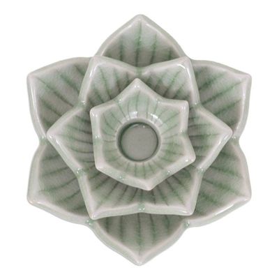 Alternate image for Celadon Ceramic Green Candle Holder Handmade in Thailand Lotus Flower in Green