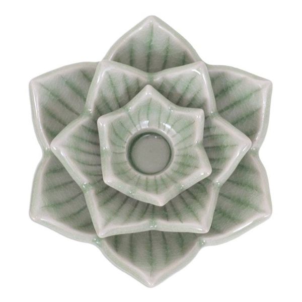 Alternate image for Celadon Ceramic Green Candle Holder Handmade in Thailand Lotus Flower in Green
