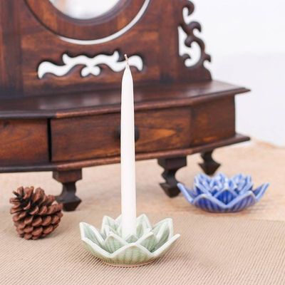 Alternate image for Celadon Ceramic Green Candle Holder Handmade in Thailand Lotus Flower in Green