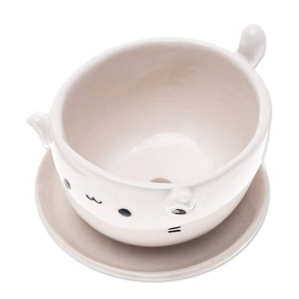 Alternate image for Handcrafted Ivory Ceramic Cat Mini Flower Pot with Saucer Kitty Grace