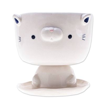 Alternate image for Cat-Shaped Ivory Ceramic Mini Flower Pot with Saucer Endearing Kitty