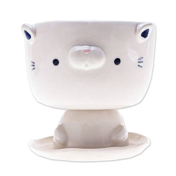 Alternate image for Cat-Shaped Ivory Ceramic Mini Flower Pot with Saucer Endearing Kitty