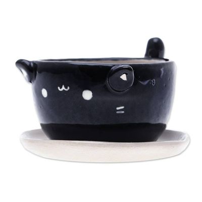 Alternate image for Cat-Themed Black Ceramic Mini Flower Pot with Ivory Saucer Kitty Splendor