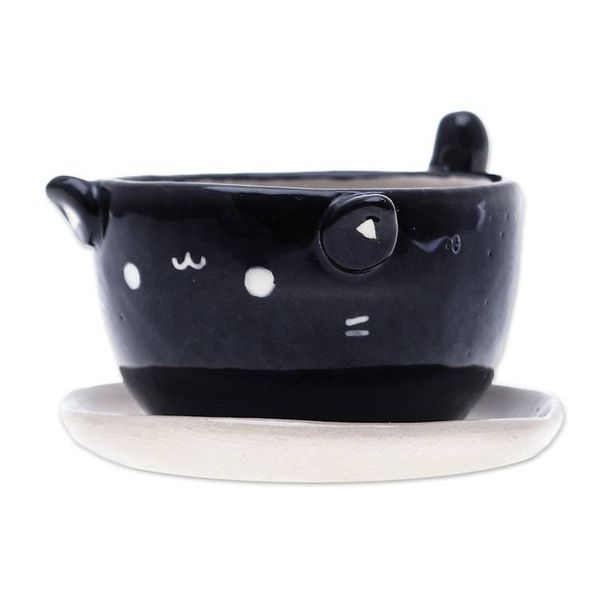 Alternate image for Cat-Themed Black Ceramic Mini Flower Pot with Ivory Saucer Kitty Splendor