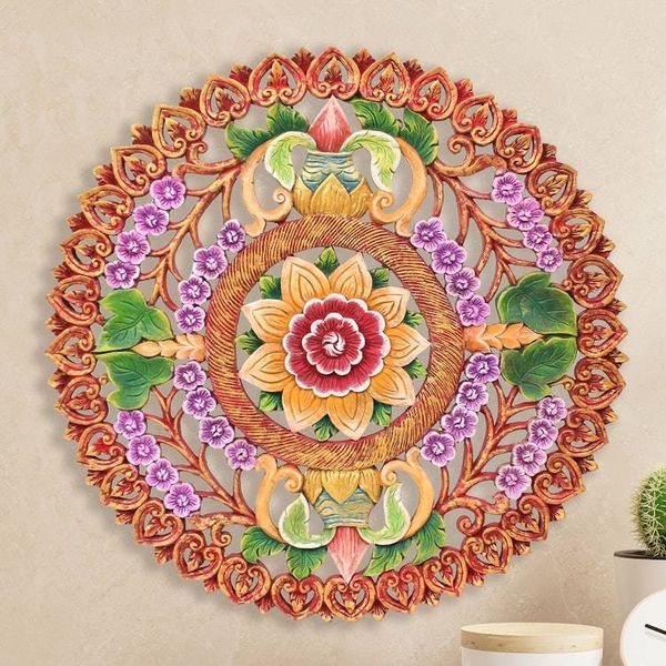 Alternate image for Hand Painted Circular Teak Wood Relief Panel from Thailand Splendid Garden