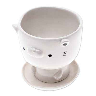Alternate image for Cat-Shaped Ivory Ceramic Mini Flower Pot with Saucer Endearing Kitty