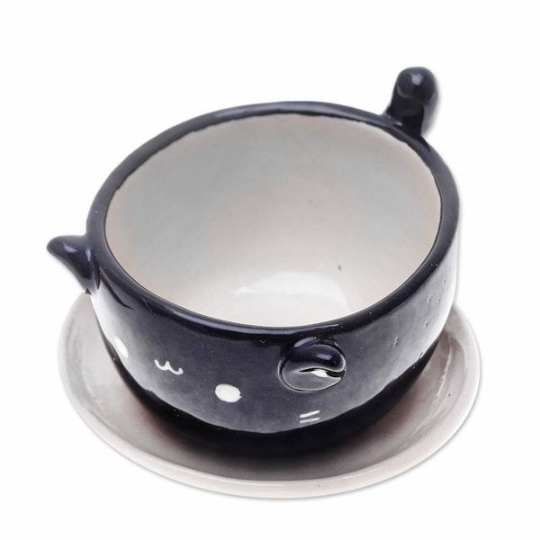 Alternate image for Cat-Themed Black Ceramic Mini Flower Pot with Ivory Saucer Kitty Splendor