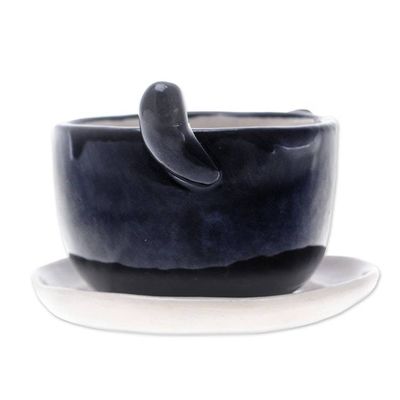 Alternate image for Cat-Themed Black Ceramic Mini Flower Pot with Ivory Saucer Kitty Splendor