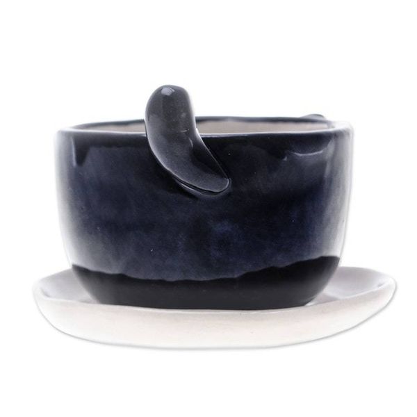 Alternate image for Cat-Themed Black Ceramic Mini Flower Pot with Ivory Saucer Kitty Splendor