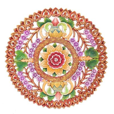 Alternate image for Hand Painted Circular Teak Wood Relief Panel from Thailand Splendid Garden