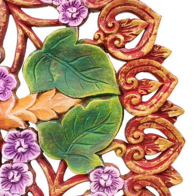 Alternate image for Hand Painted Circular Teak Wood Relief Panel from Thailand Splendid Garden