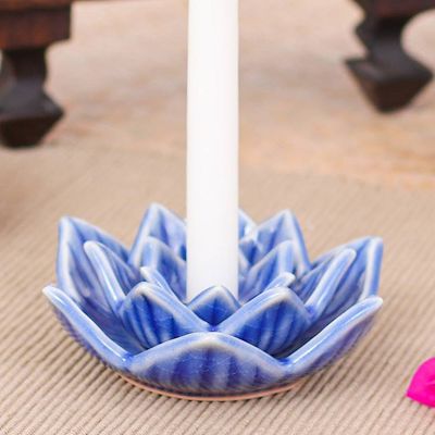 Alternate image for Blue Celadon Ceramic Candle Holder Handmade in Thailand Lotus Flower in Blue