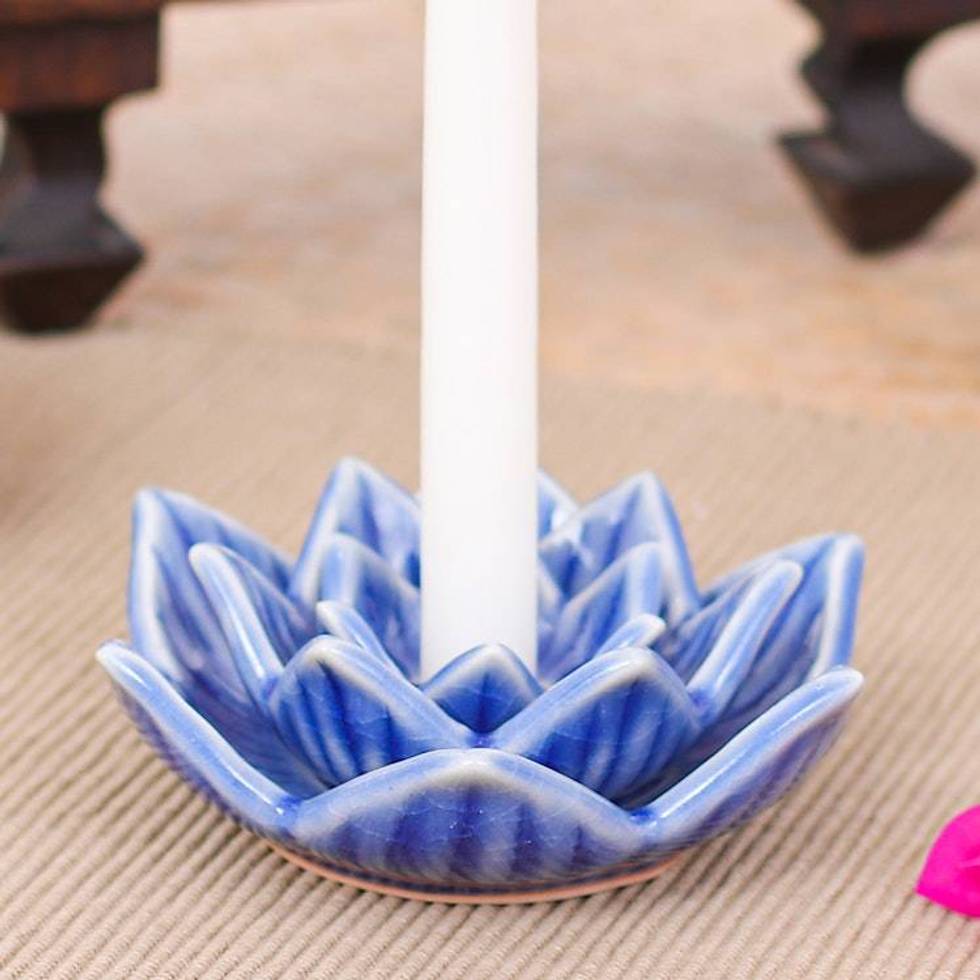 Blue Celadon Ceramic Candle Holder Handmade in Thailand 'Lotus Flower in Blue'