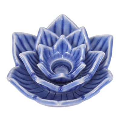 Alternate image for Blue Celadon Ceramic Candle Holder Handmade in Thailand Lotus Flower in Blue