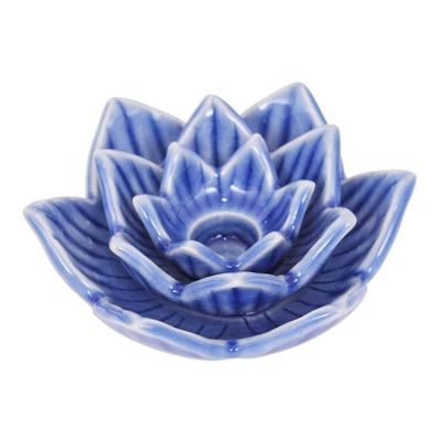 Alternate image for Blue Celadon Ceramic Candle Holder Handmade in Thailand Lotus Flower in Blue