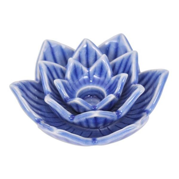 Alternate image for Blue Celadon Ceramic Candle Holder Handmade in Thailand Lotus Flower in Blue