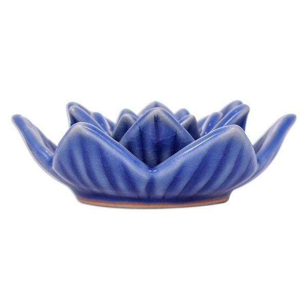 Alternate image for Blue Celadon Ceramic Candle Holder Handmade in Thailand Lotus Flower in Blue