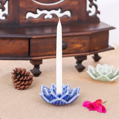 Alternate image for Blue Celadon Ceramic Candle Holder Handmade in Thailand Lotus Flower in Blue