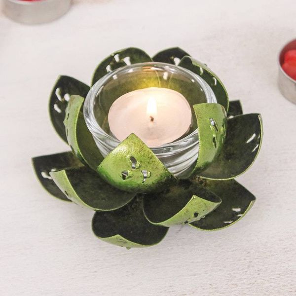 Alternate image for Handcrafted Light Green Steel Lotus Flower Tealight Holder Precious Lotus in Light Green