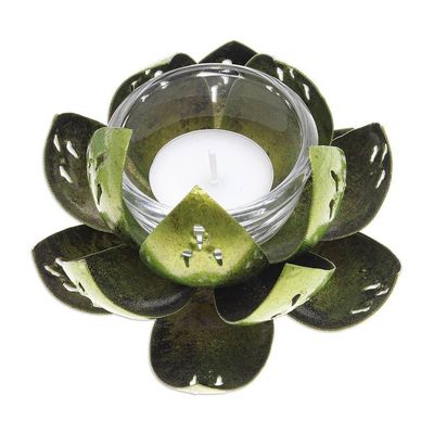 Alternate image for Handcrafted Light Green Steel Lotus Flower Tealight Holder Precious Lotus in Light Green