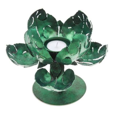 Alternate image for Green Lotus-Themed Iron Tealight Candleholder from Thailand Vitality Lotus